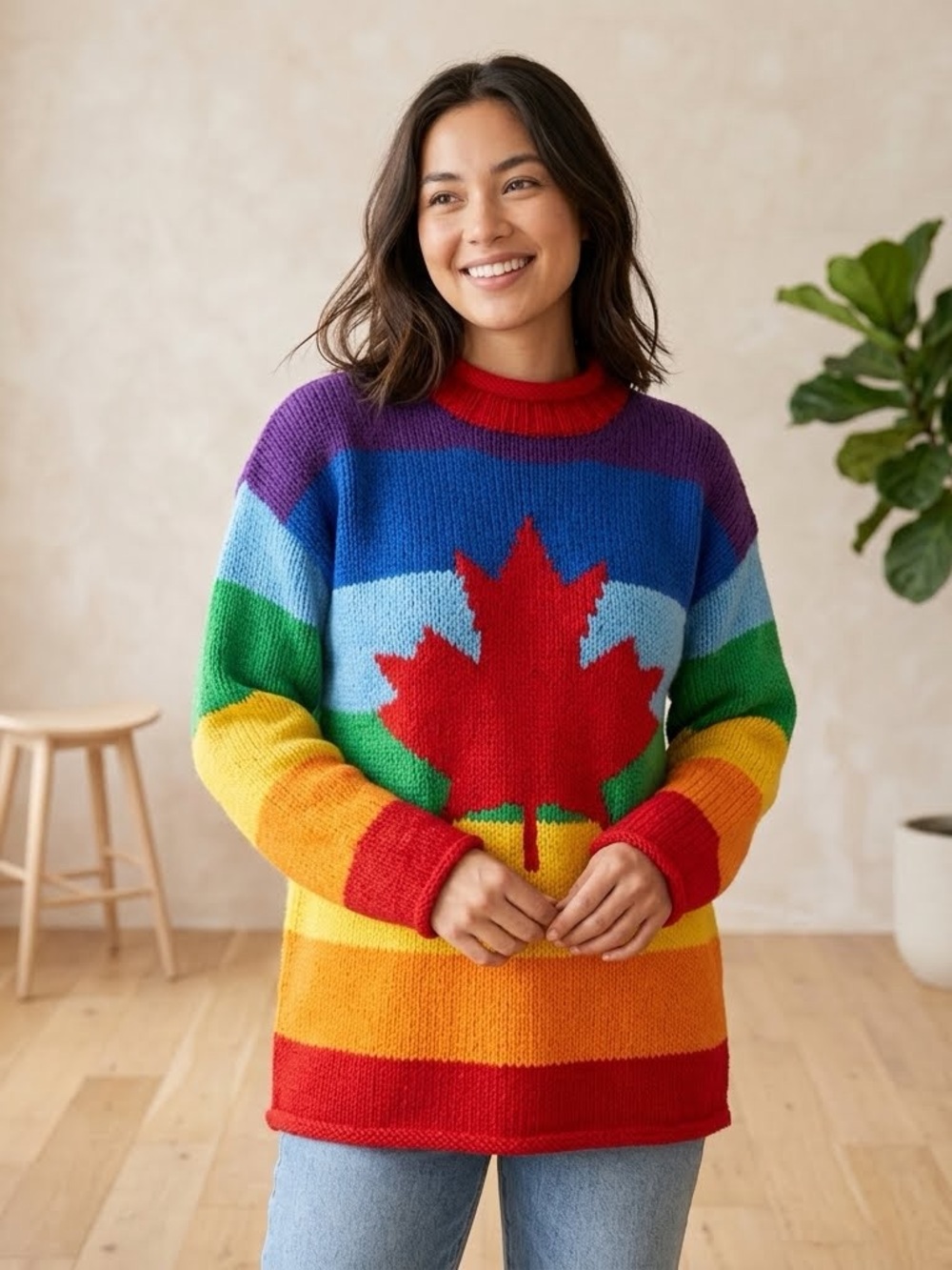 Ark Vintage Rainbow Wool Rolled Neck Sweater Maple Leaf Chunky Knit L Gorpcore
